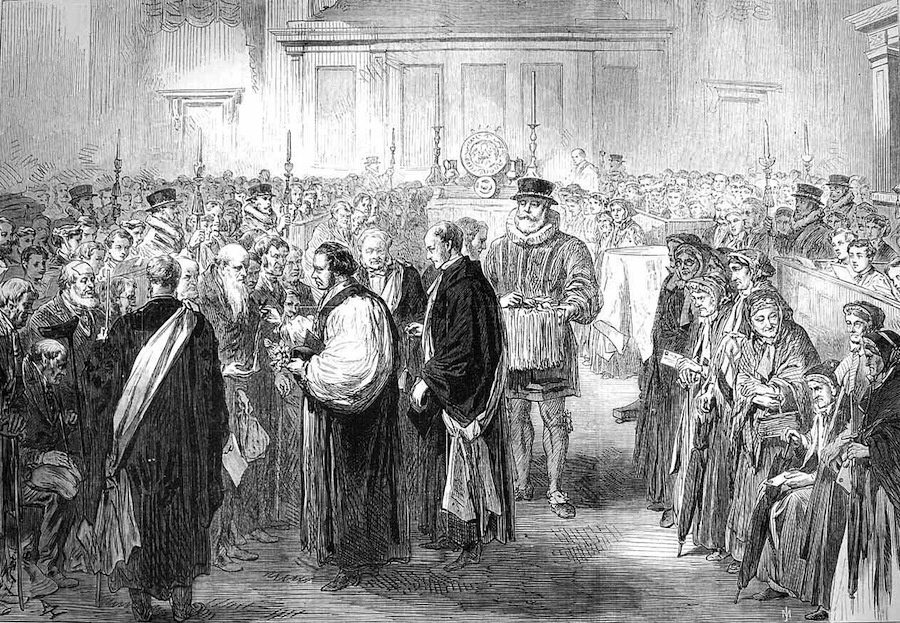 Purses of Maundy Money being handed out at a Royal Maundy service in 1867.