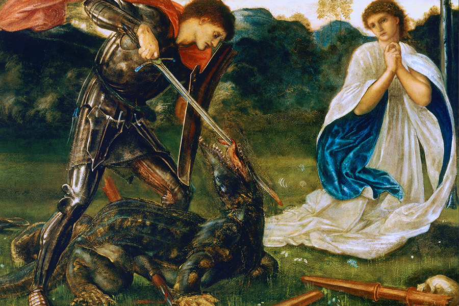 An armoured Saint George coolly dispatches a crocodile-like dragon while an angel watches on in this 1866 painting by Edward Burne-Jones from the Art Gallery of New South Wales.