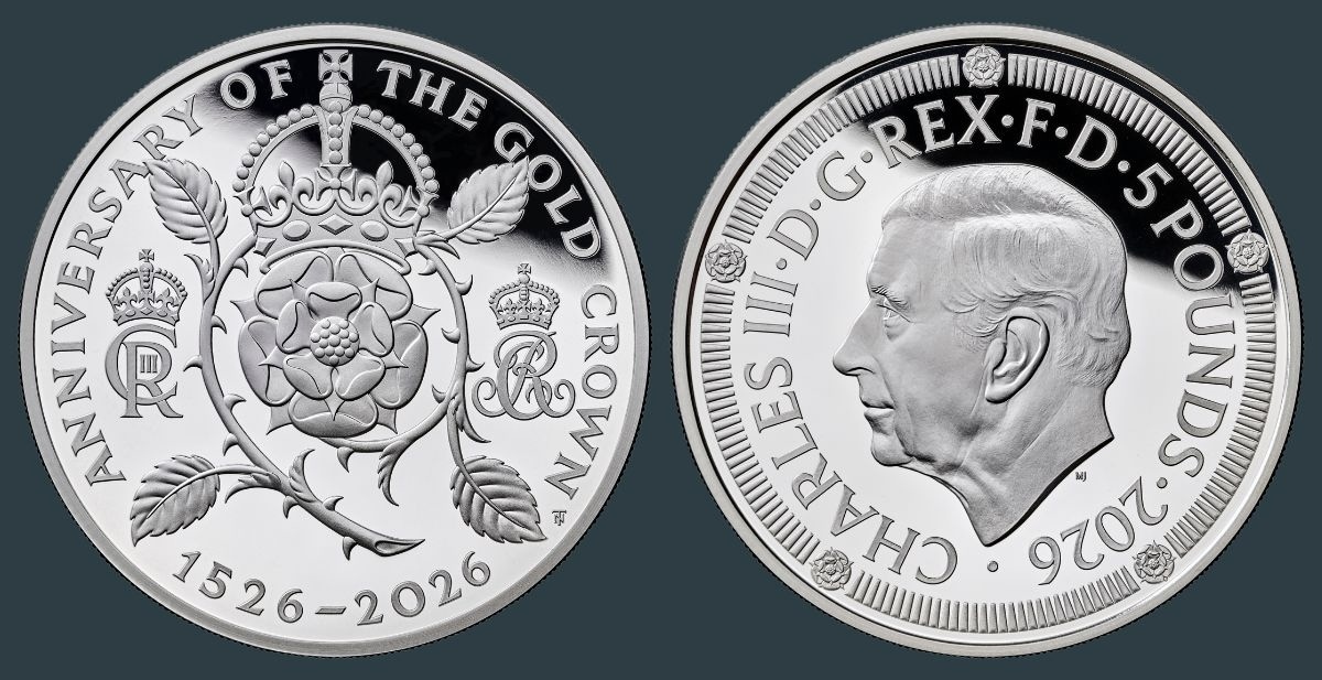 Silver Proof 2026 UK 500 Years Of The Crown Five Pound Coin Obverse Reverse Both side of the 500 Years Of The Crown UK £5 Silver Proof coin are unique, inspired by historic Tudor coins.