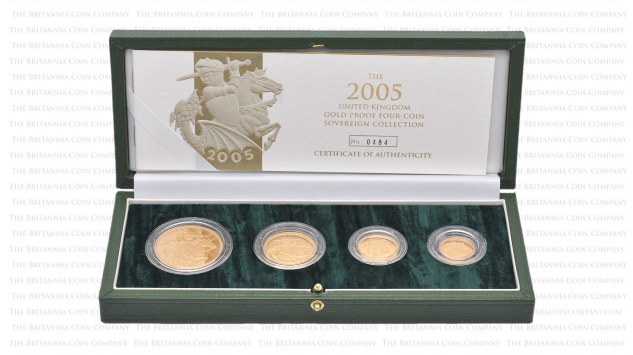 Open 2005 gold proof four coin Sovereign set with Timothy Noad reverse.