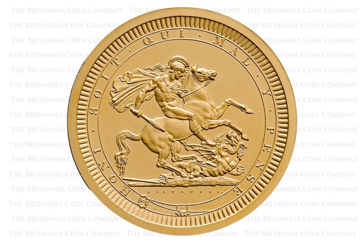 Benedetto Pistrucci's St George and the dragon design as it appears on a 2oz gold proof 2024 Great Engravers coin from The Royal Mint.