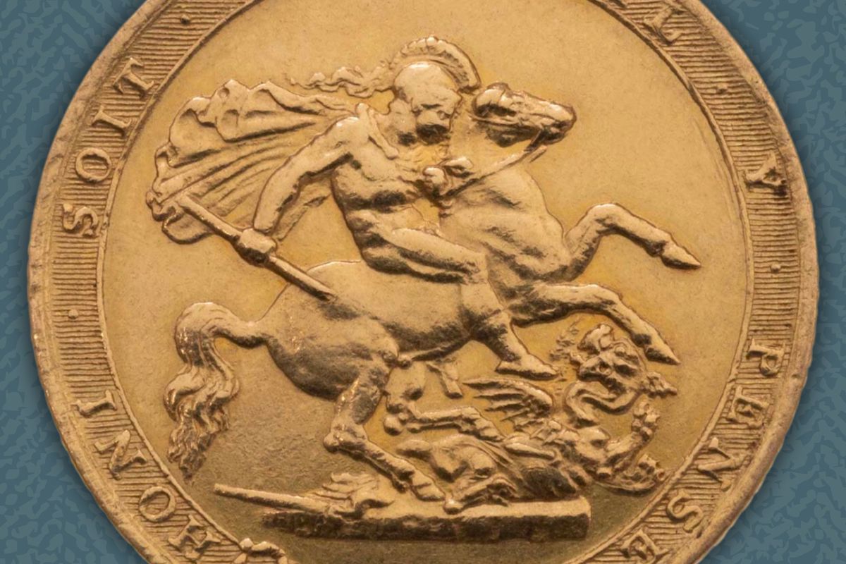The image of St George Slaying a dragon, surrounded by a decorative garter features on early milled Sovereigns like this 1818-dated example.