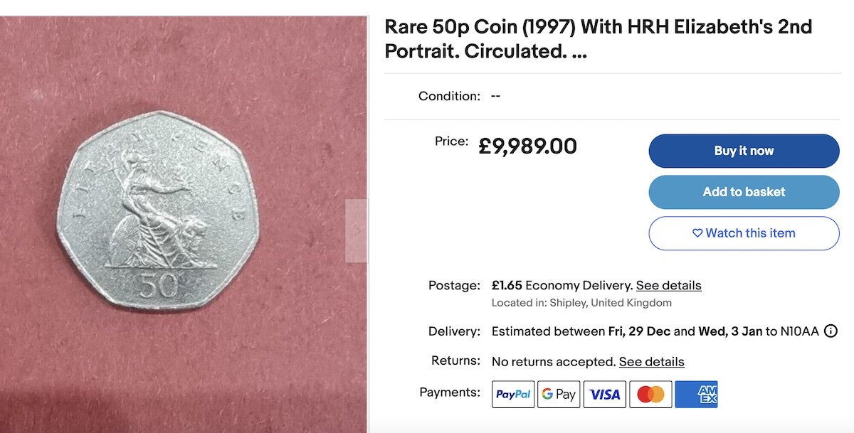 This 'rare' 1997 Britannia 50p was on sale for just under £10,000.