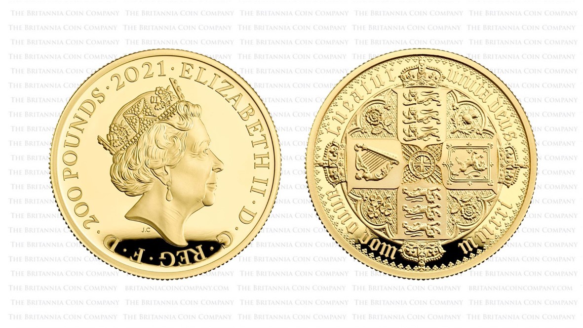 The quartered arms reverse of the original Gothic Crown, as it appears on a 2021 Great Engravers two ounce gold proof coin.