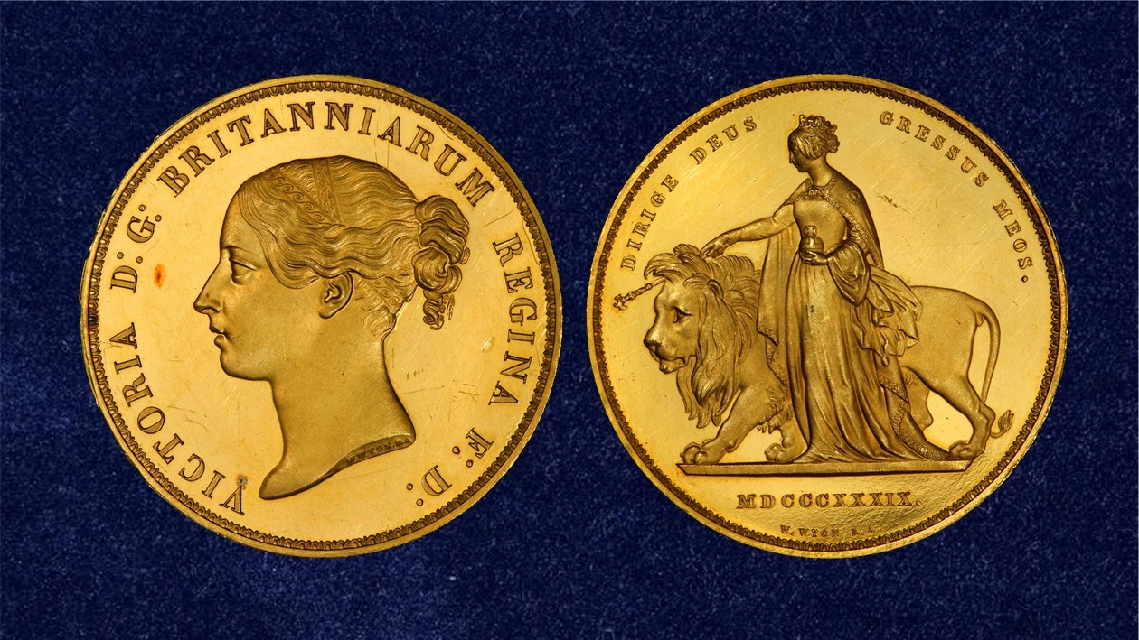 1839 Una and the Lion gold Five Pound coin from the National Museum of American History.