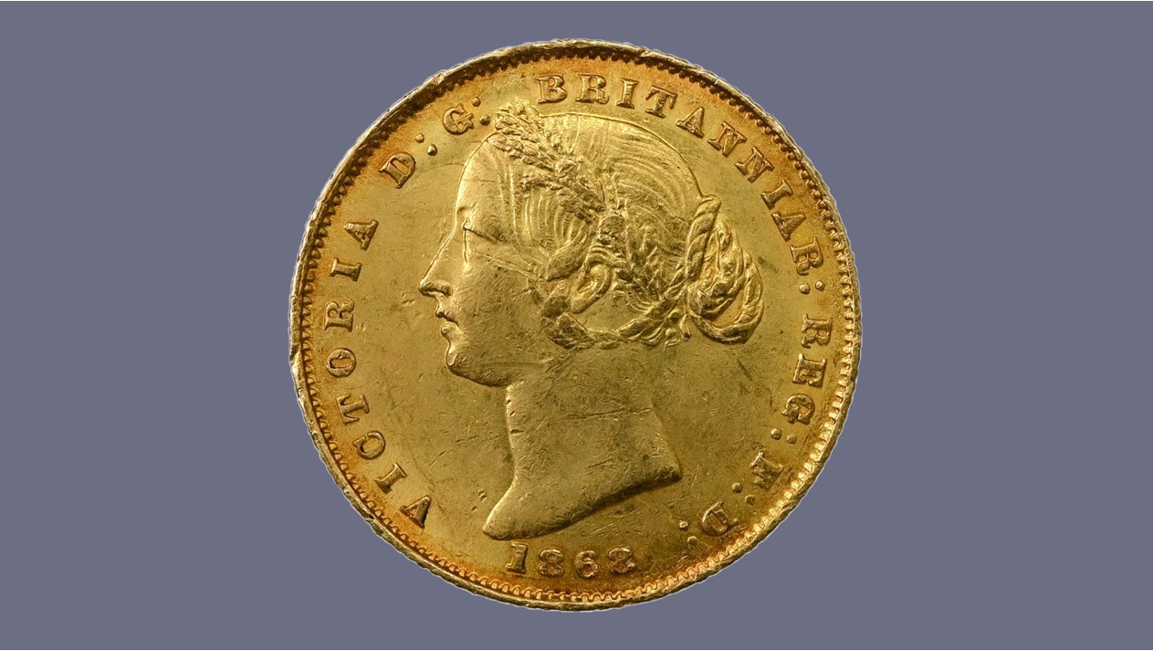 Obverse of an 1862 Sydney Sovereign with Banksia Head portrait of Queen Victoria.