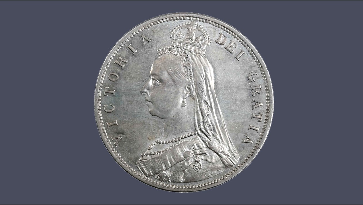 Obverse of an 1887 Halfcrown of Queen Victoria with a Jubilee portrait.