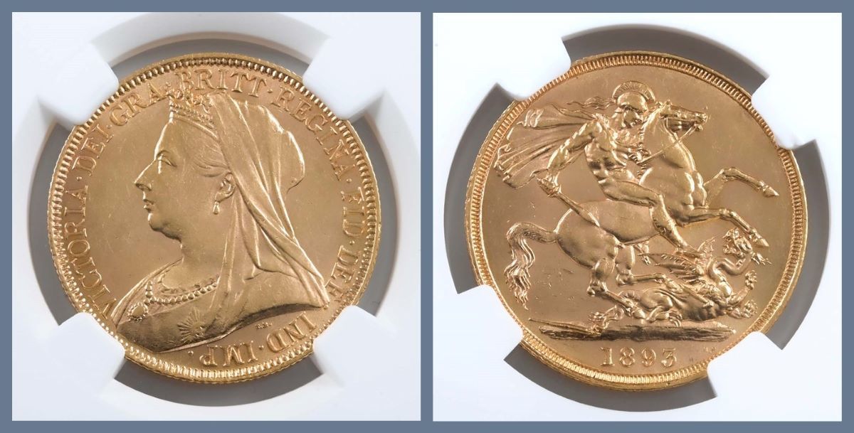 1893 Old Head Double Sovereign, graded MS 61 by NGC. The Double Sovereign was revived late in Queen Victoria's reign.