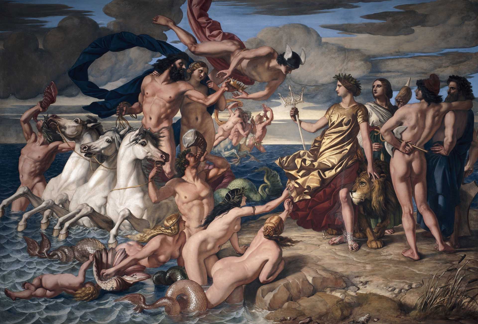 Neptune Resigning to Britannia the Empire of the Sea by Scottish artist William Dyce, 1847. This painting shows Britannia with all the attributes seen in Wyon's engravings: a lion, a trident and a surveying stare.