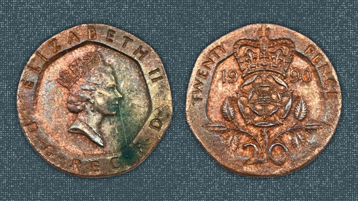 This 1990 20p was struck on a bronze 1p planchet, as verified by The Royal Mint Museum and sold at auction for 1,000 times its face value (credit: RWB Auctions).