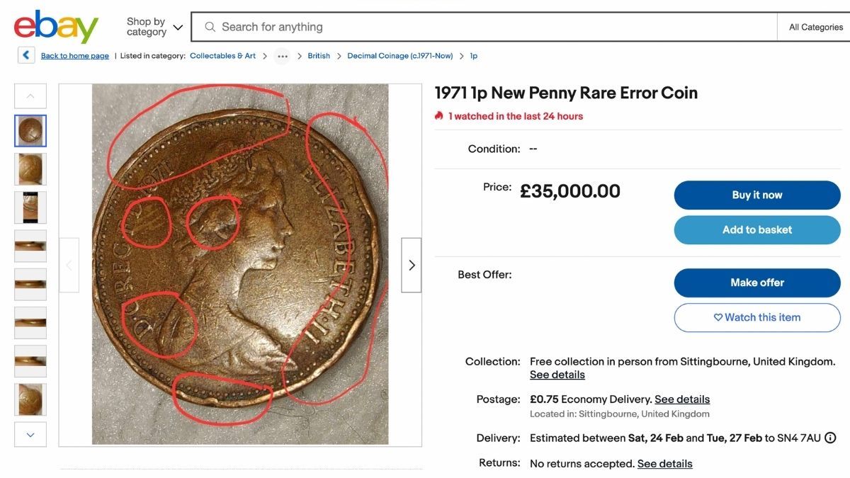 According to the seller, who goes by 'staceyandcats', this 1971 1p shows various errors which justify the £35,000 price tag.