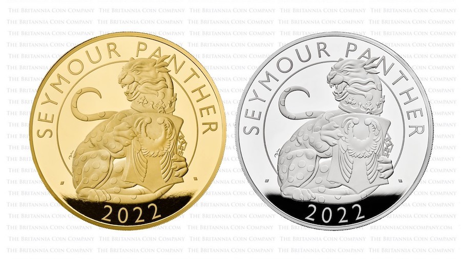 Reverses of gold and silver Seymour Panther coins from the Tudor Beasts range.