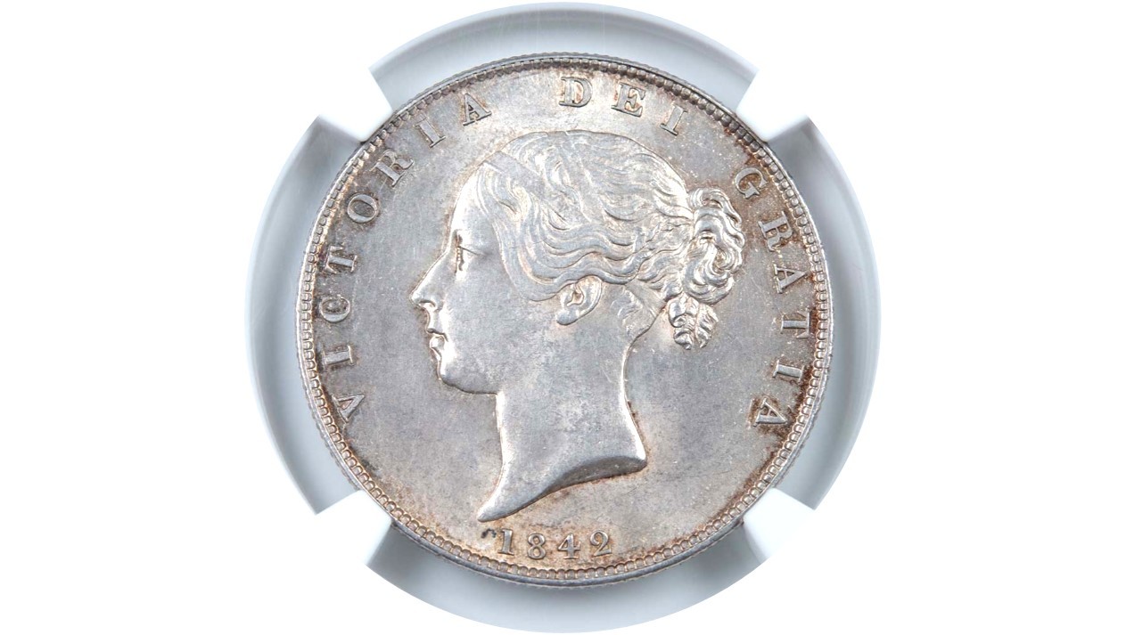 Obverse of an 1842 Halfcrown with a Young Head portrait of Queen Victoria.