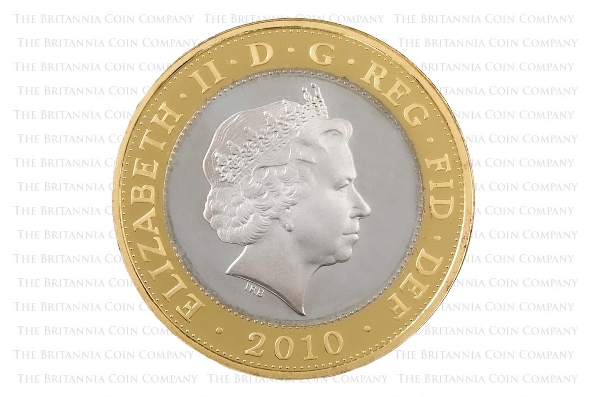 This 2010-dated silver proof Two Pound has developed light but acceptable toning to the silver inner ring over time.