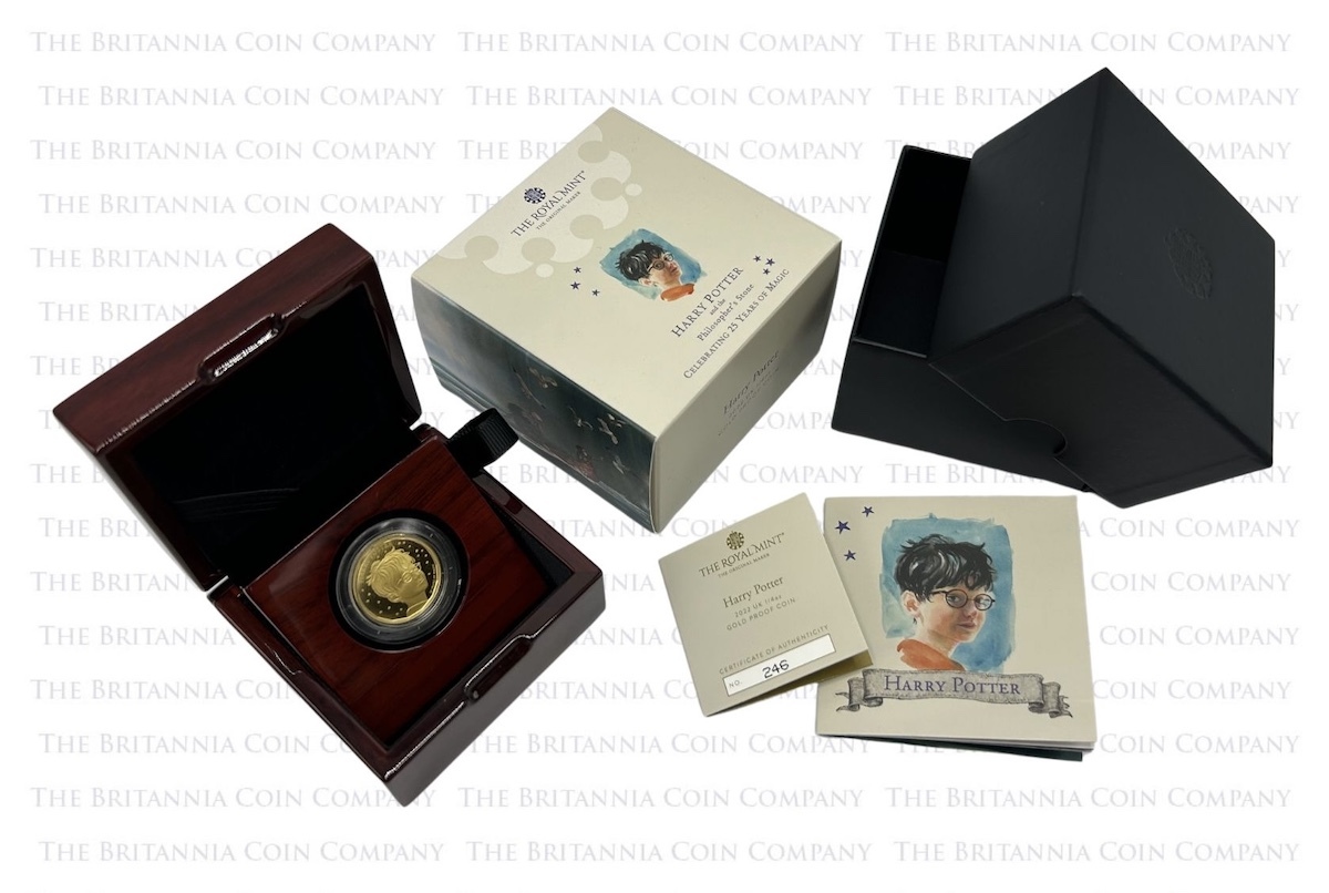 The presentation packaging associated with this quarter-ounce goldproof Harry Potter coin includes a protective capsule, a glossy wooden display case, a black card inner box and a printed card outer box. A certificate of authenticity and an information bo