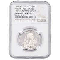 1989/1990 Christmas Fifty Pence Mule Gibraltar Coin NGC Graded Mint Error MS 67 Thumbnail