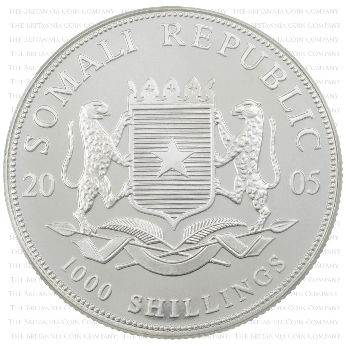 SM05ES1 2005 Elephant One Ounce Silver African Wildlife Somalian Bullion Coin arms obverse
