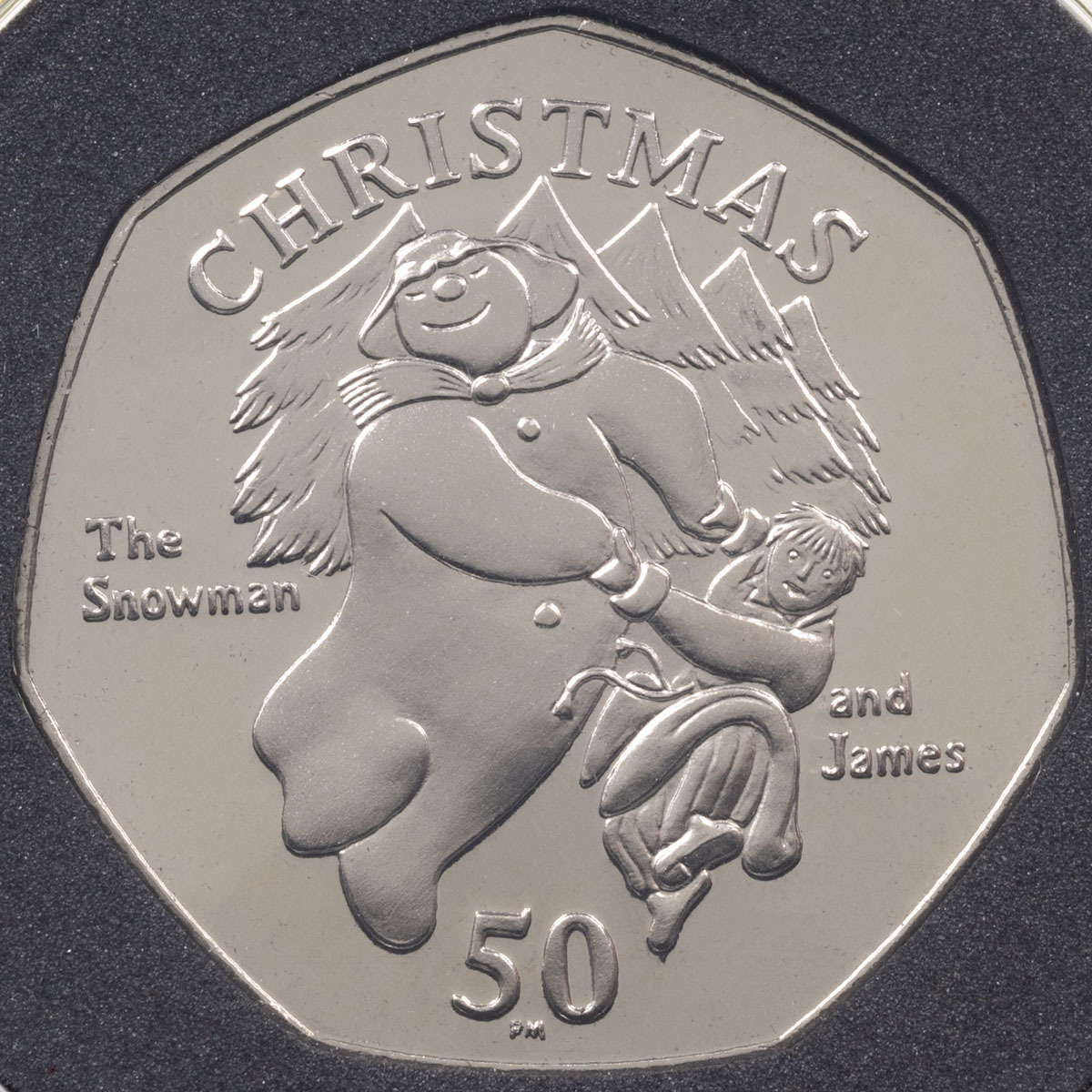 Reverse of 2008 Isle Of Man Snowman And James Christmas Fifty Pence Diamond Finish Coin with design inspired by Raymond Briggs.