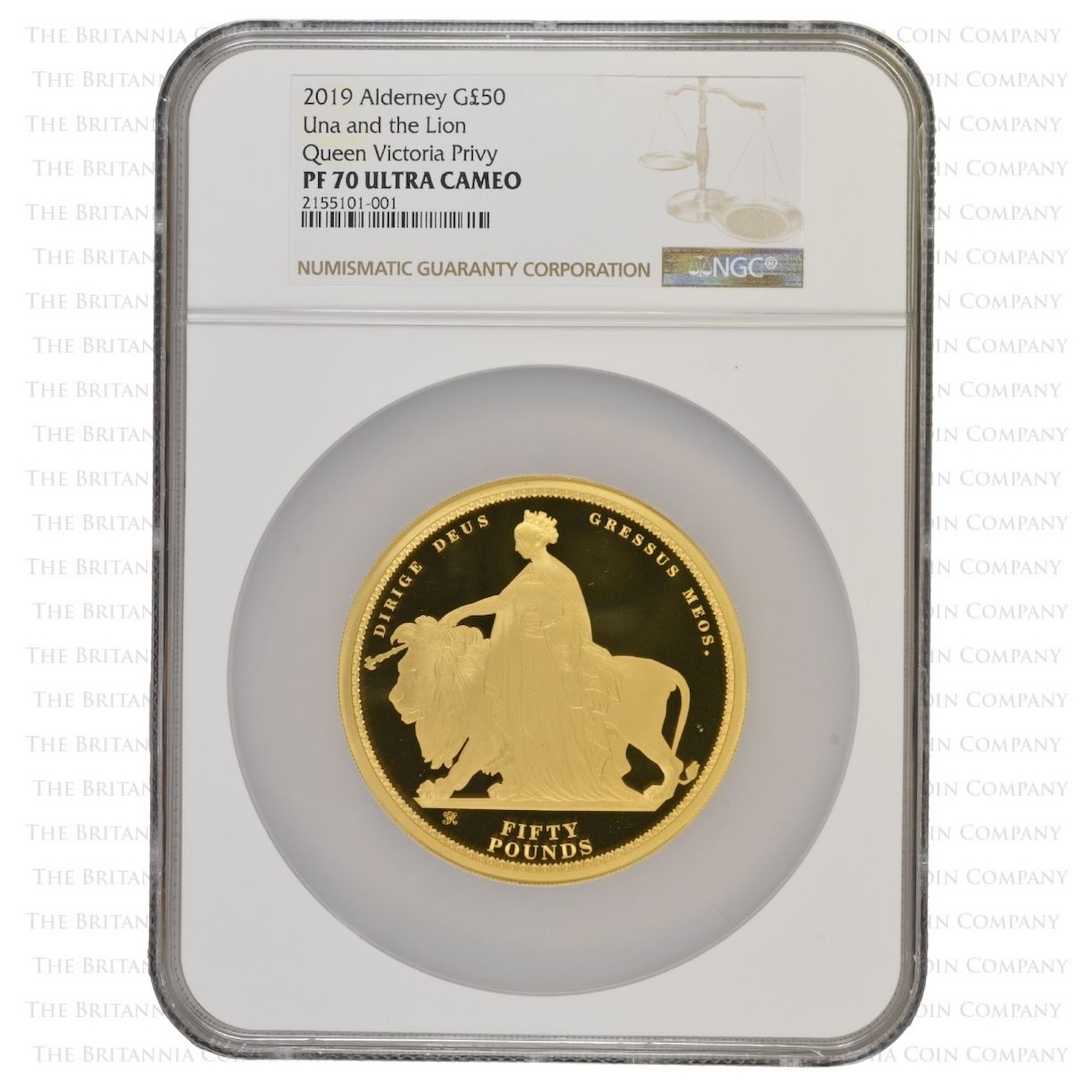 2019 Una And The Lion Fifty Pound Gold Proof Queen Victoria Privy Mark Alderney Coin NGC Graded PF 70 Ultra Cameo Reverse Holder