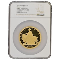 2019 Una And The Lion Fifty Pound Gold Proof Queen Victoria Privy Mark Alderney Coin NGC Graded PF 70 Ultra Cameo Thumbnail