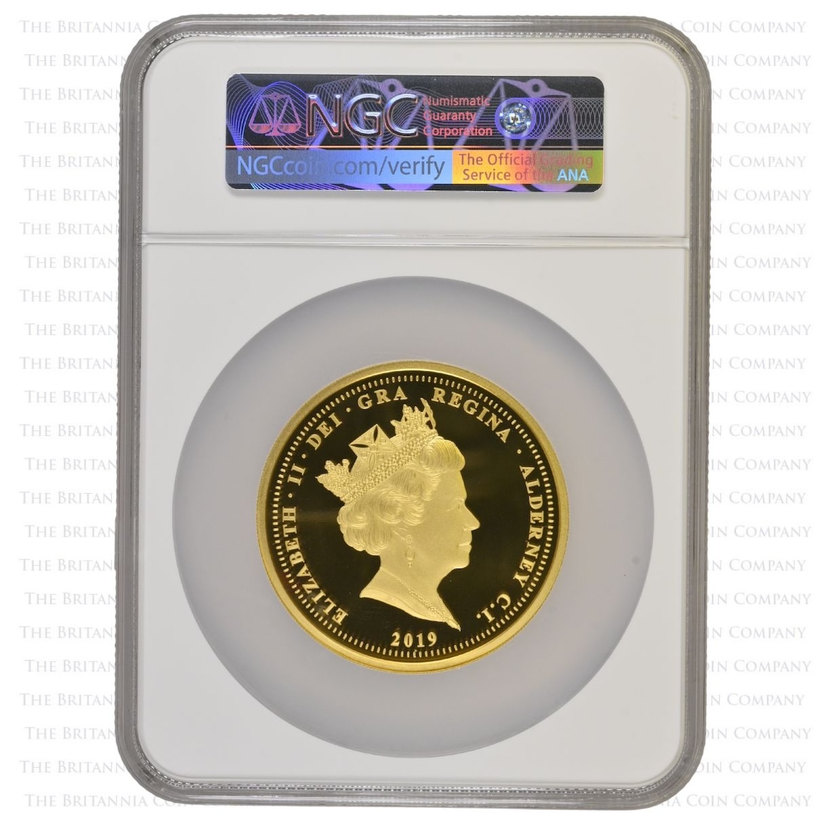 2019 Una And The Lion Fifty Pound Gold Proof Queen Victoria Privy Mark Alderney Coin NGC Graded PF 70 Ultra Cameo Obverse