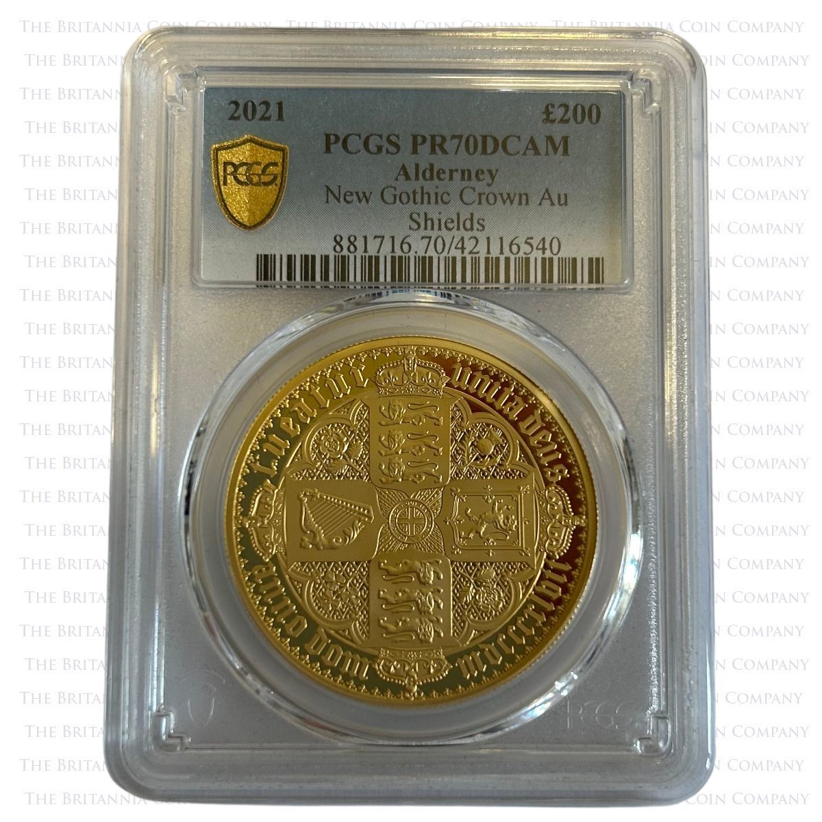 2021 Alderney New Gothic Crown Cruciform Shields Two Ounce Gold Proof Coin PCGS Graded PR70DCAM Holder