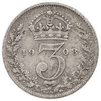 1908 Threepence Edward VII Silver Coin Thumbnail