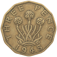 1945 Threepence George VI Nickel Brass Coin Thumbnail