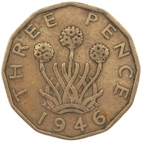 1946 Threepence George VI Nickel Brass Coin Thumbnail