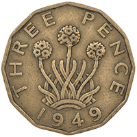 1949 Threepence George VI Nickel Brass Coin Thumbnail