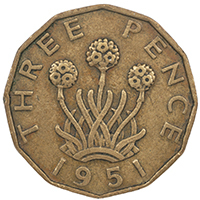 1951 Threepence George VI Nickel Brass Coin Thumbnail
