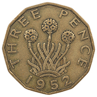 1952 Threepence George VI Nickel Brass Coin Thumbnail