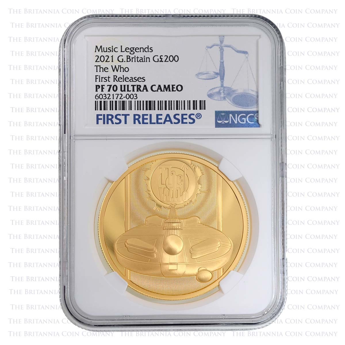 UK21TW2G 2021 The Who 2 Ounce Gold Proof PF70 First Releases NGC Holder