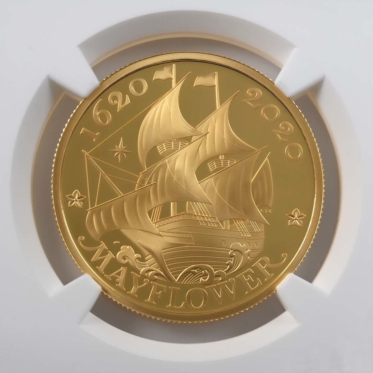 UK20MAGP 2020 Mayflower 1 Ounce Gold Proof PF 70 First Day Reverse