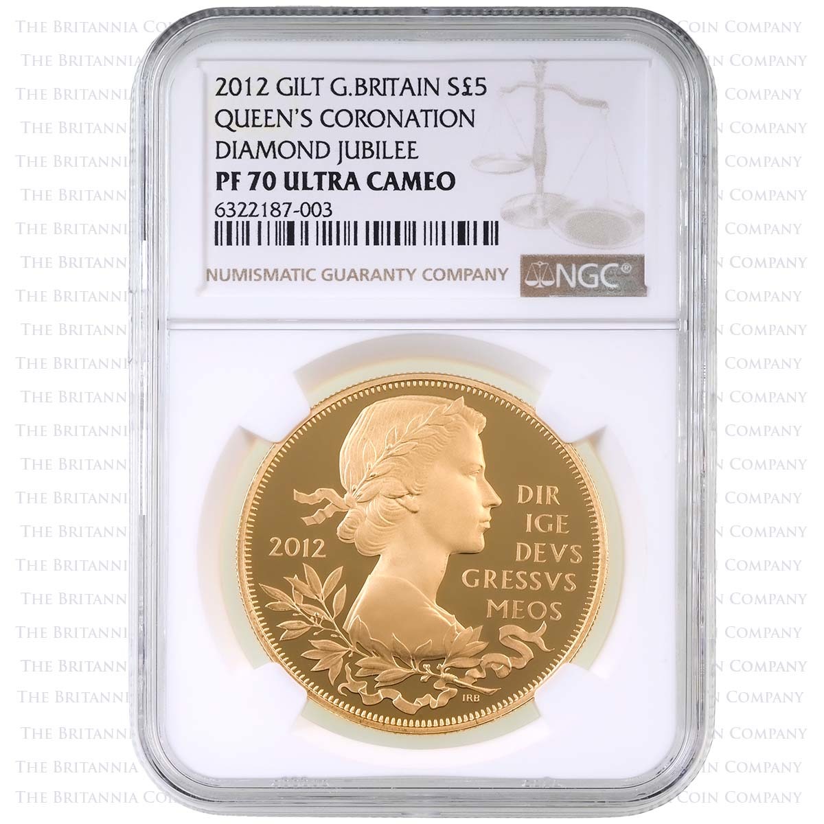 2012 Diamond Jubilee £5 Gold Plated Gilt Silver Proof Coin NGC Graded PF 70 Ultra Cameo Holder