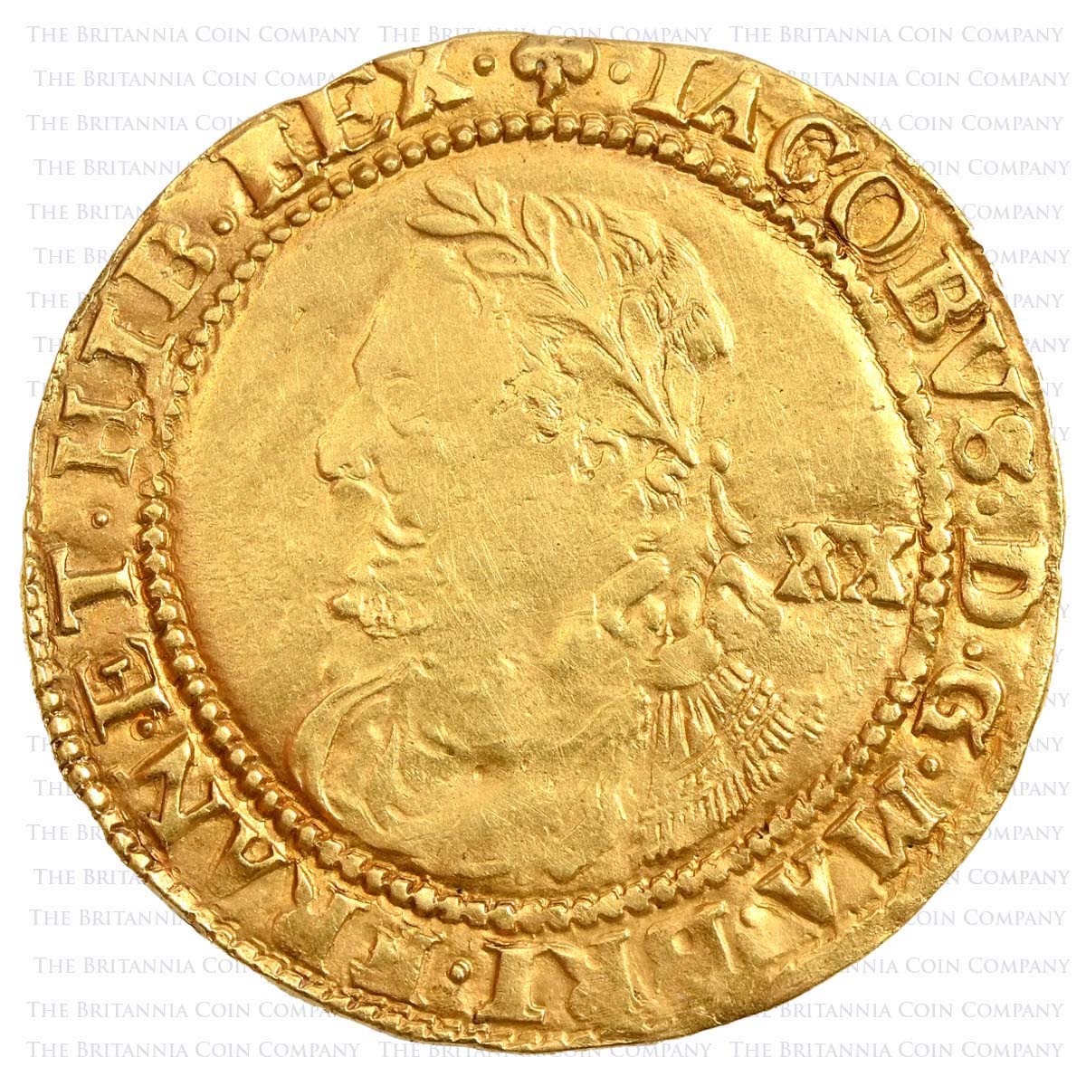 1624 James I Gold Laurel Fourth Head MM Trefoil Obverse