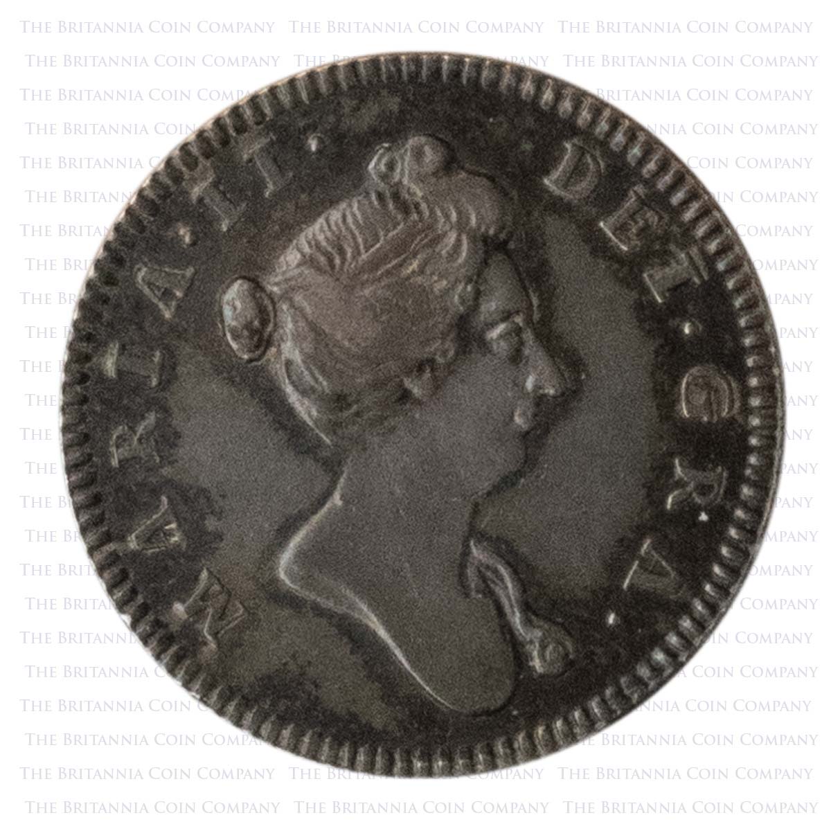 1689-1694 Mary II Undated Moon Pattern Farthing Obverse