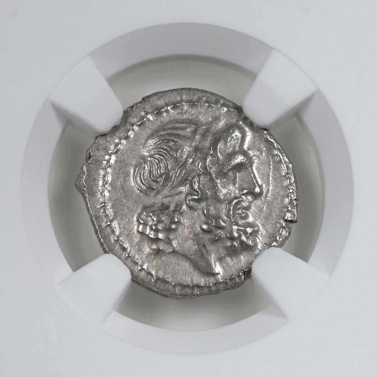 211-208 BC Silver Victoriatus NGC Mint State Obverse