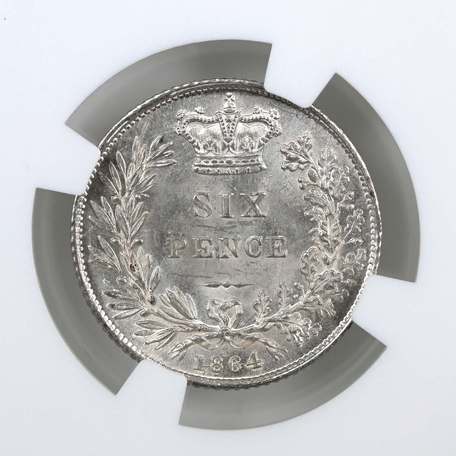 1864 Victoria Silver Sixpence Die 3 Plain 4 MS 64 Reverse