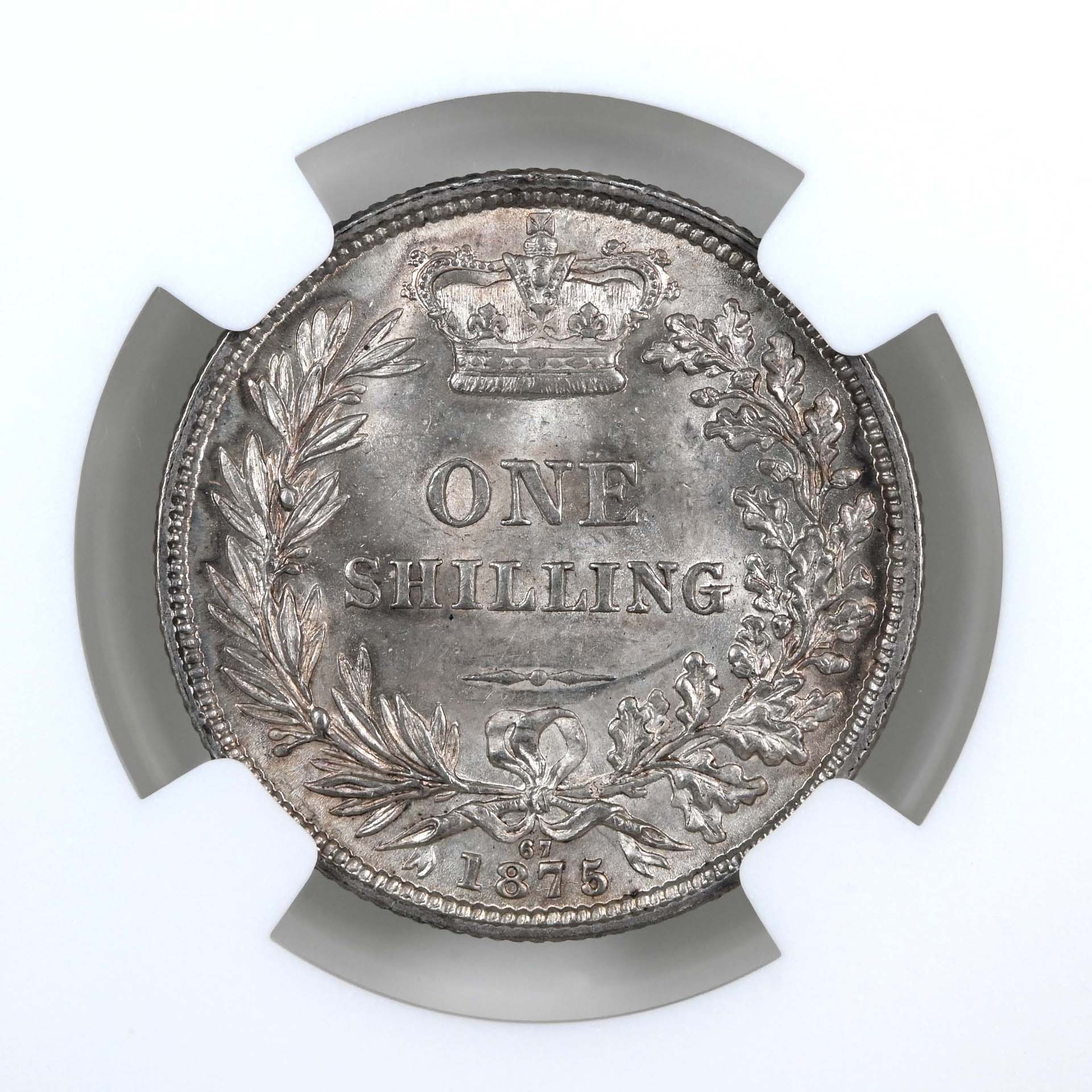 1875 Victoria Silver Shilling Type A6 Die 67 MS 63 Reverse