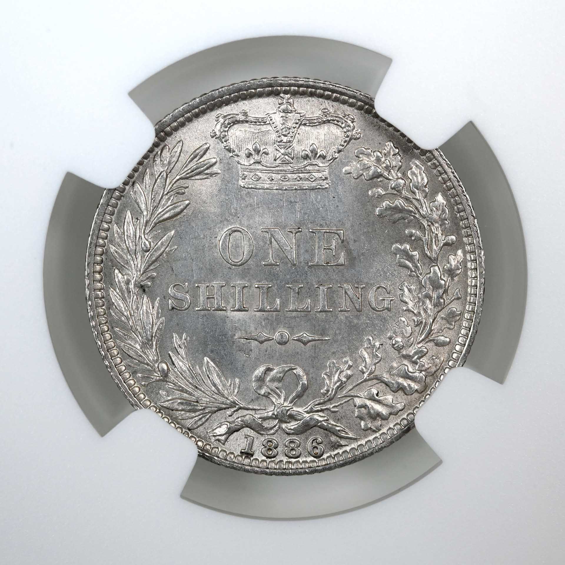 1886 Victoria Silver Shilling A7 Young Head 7+F MS 63 Reverse