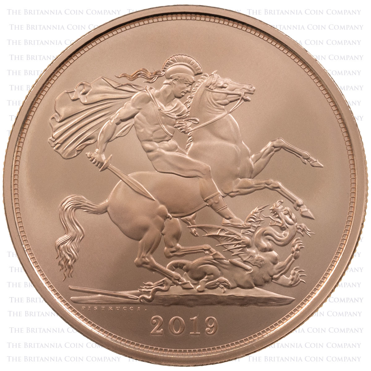 A19 2019 Gold Brilliant Uncirculated Five Pound Quintuple Sovereign Reverse