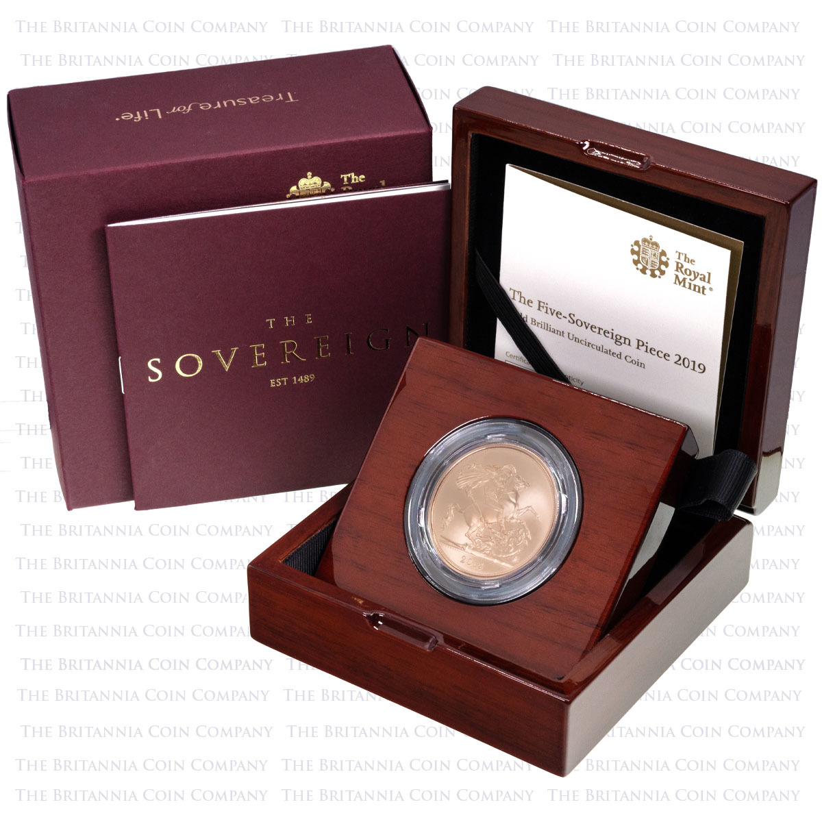 A19 2019 Gold Brilliant Uncirculated Five Pound Quintuple Sovereign Boxed