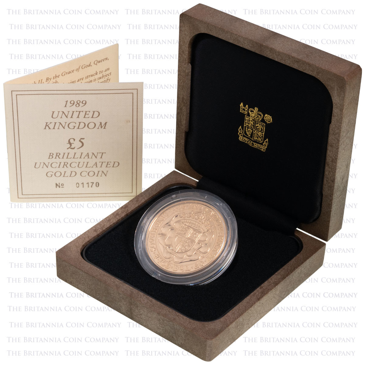 1989 Gold Brilliant Uncirculated Five Pound Quintuple Sovereign 500th Anniversary Boxed