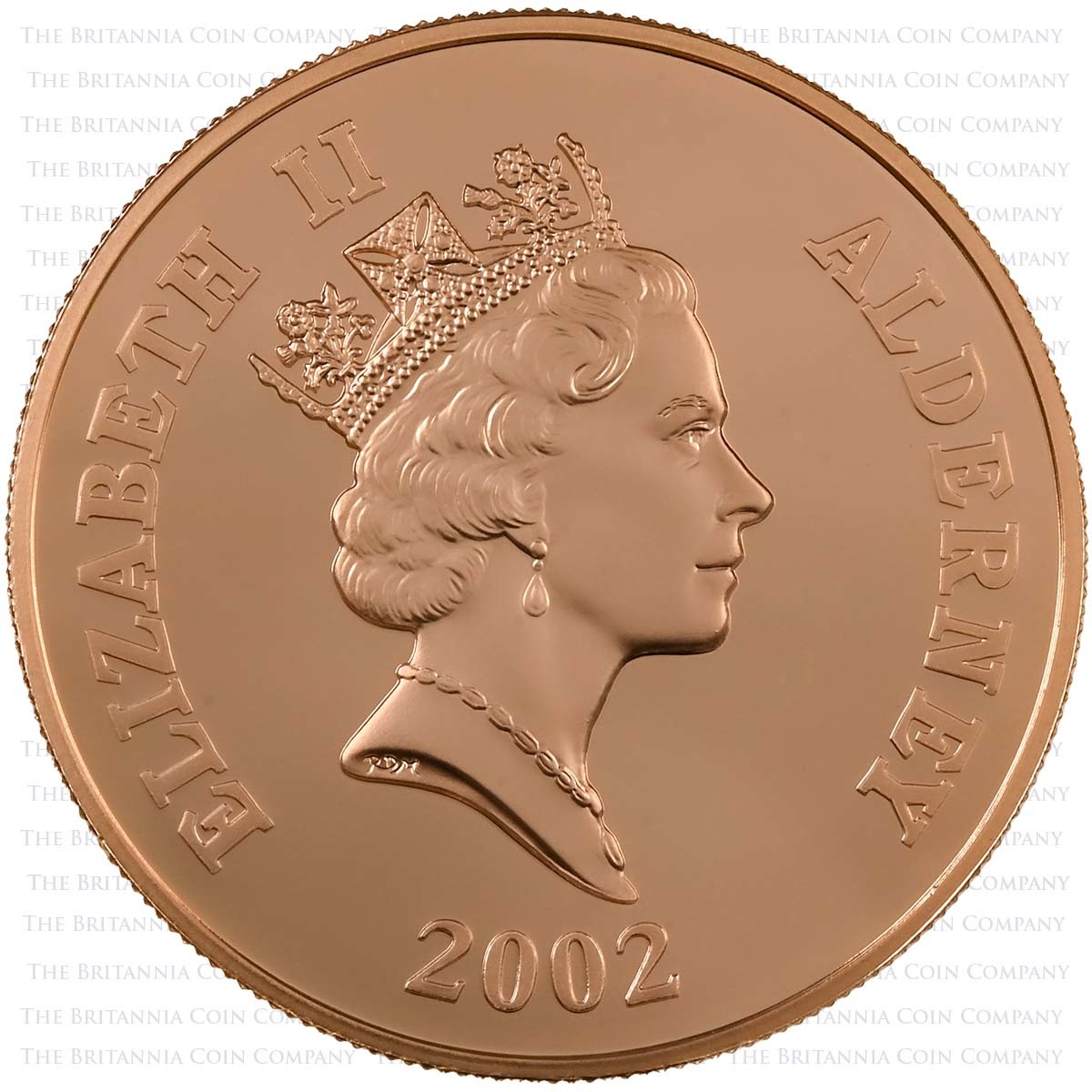 2002 Alderney Golden Jubilee £5 Crown Piedfort Gold Proof Coin Obverse