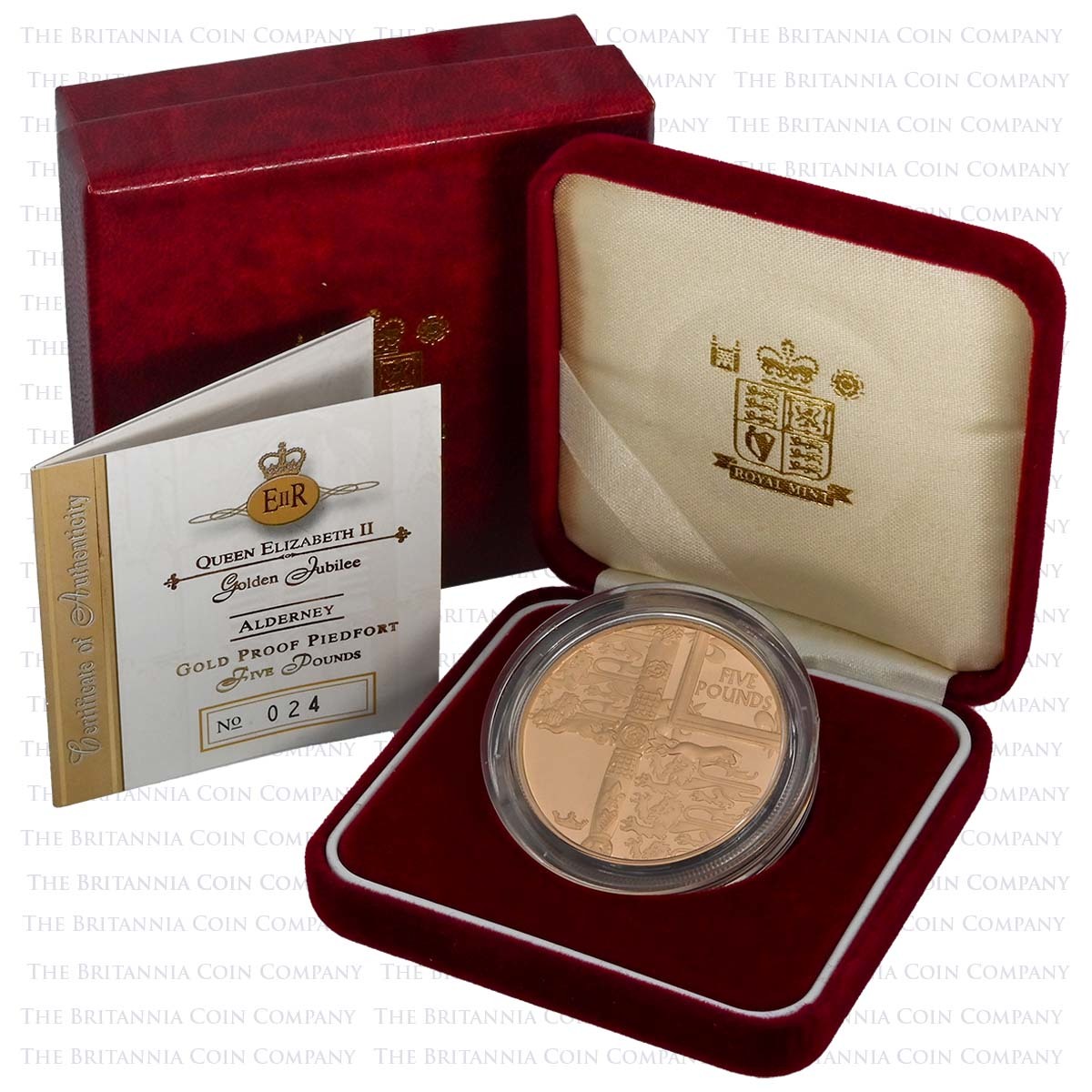 2002 Alderney Golden Jubilee £5 Crown Piedfort Gold Proof Coin Boxed