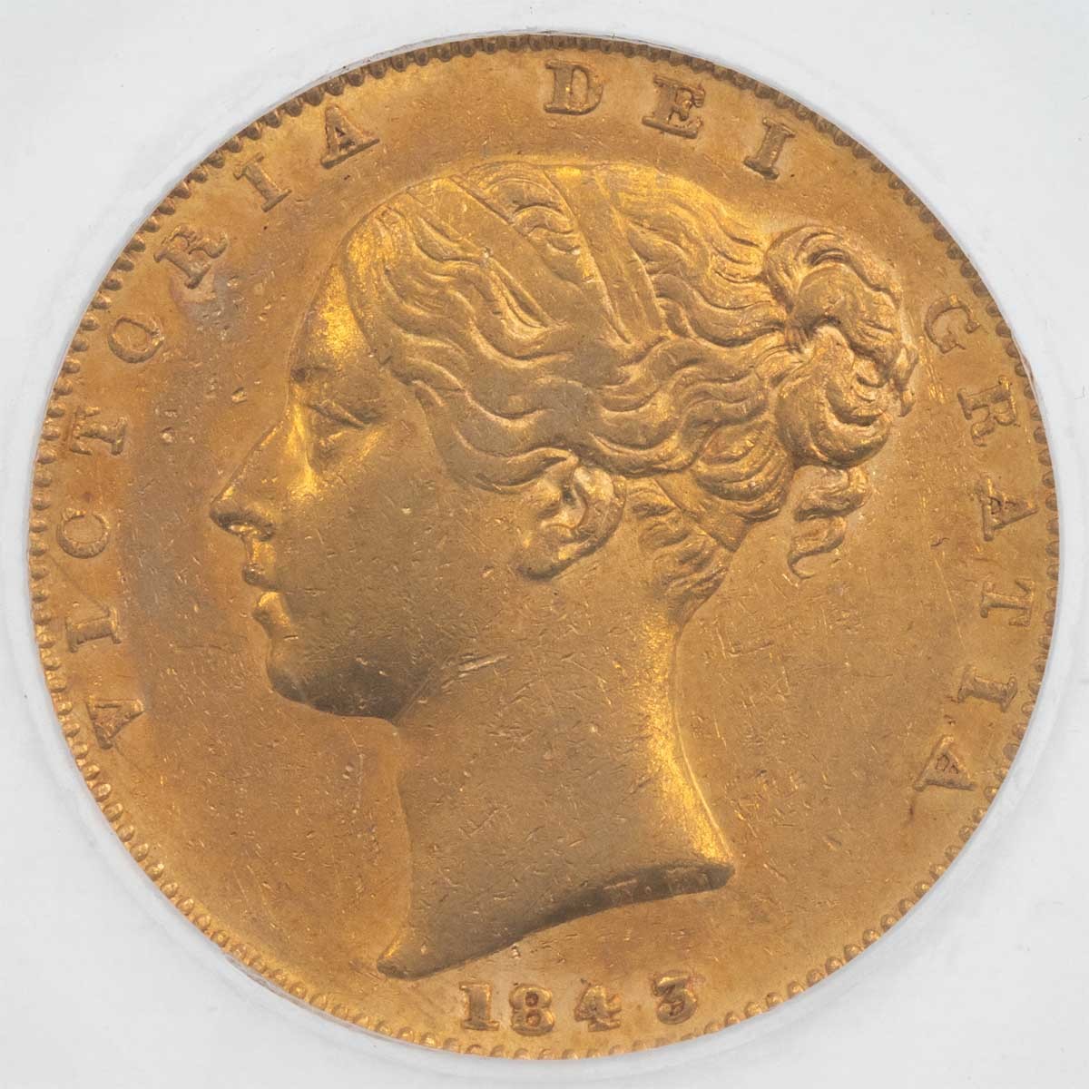 1843/2 Gold Sovereign Victoria 3 Over 2 Coin CGS Graded 60 Obverse