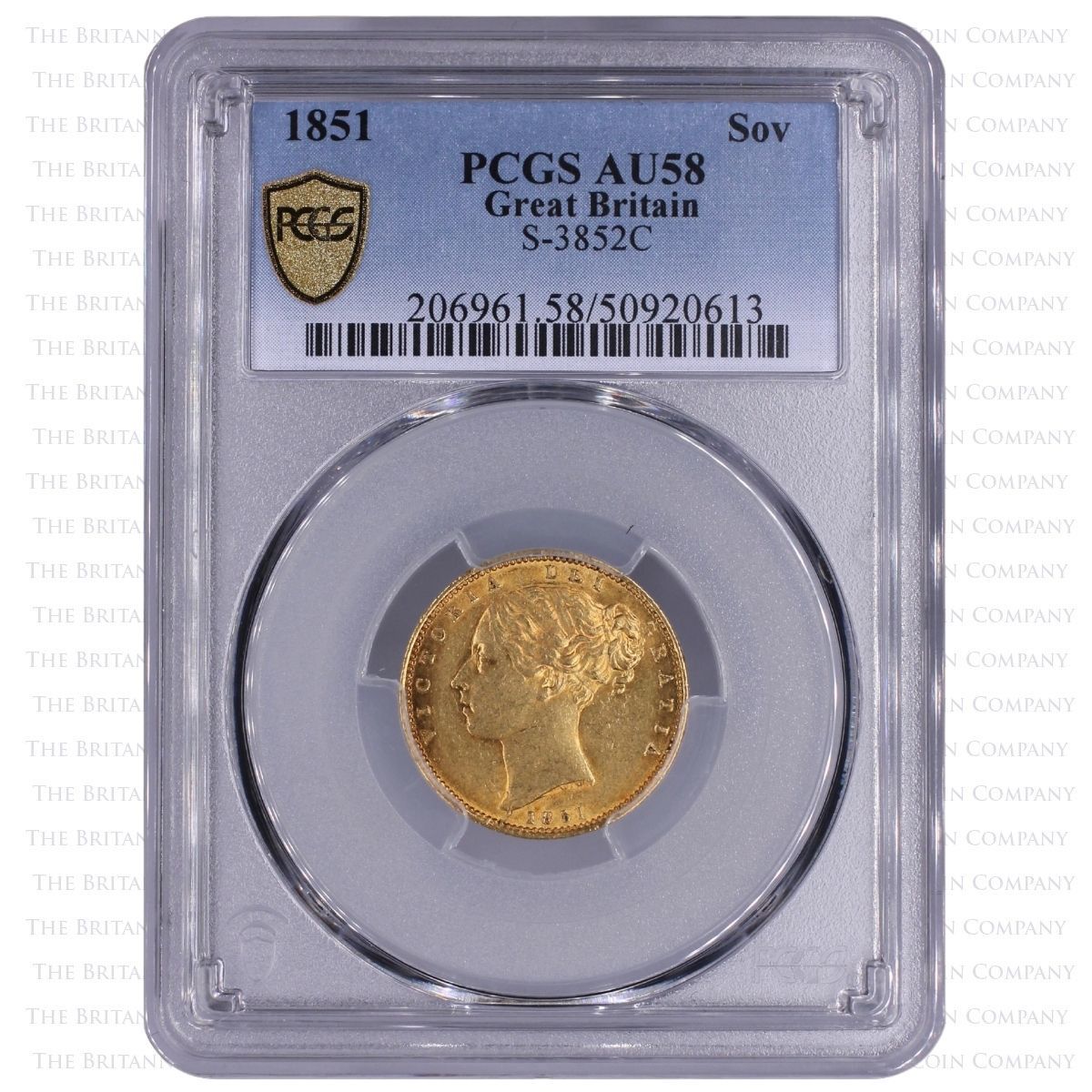 1851 Victoria Gold Sovereign PCGS Graded AU58 Holder