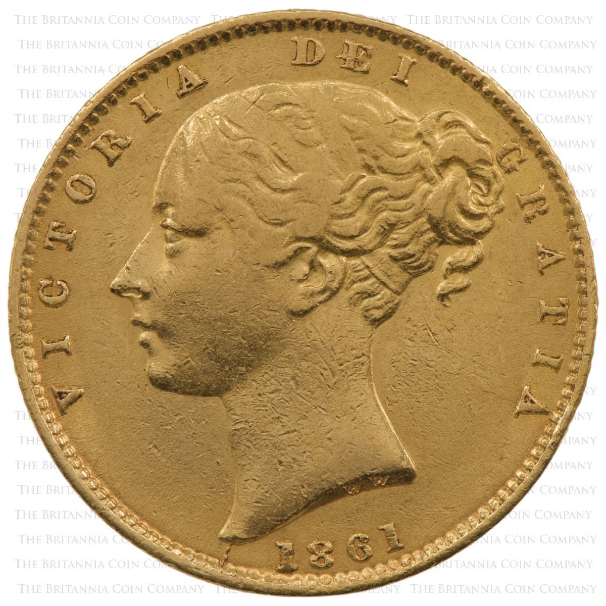 1861 Victoria Gold Sovereign E Over E PCGS Graded AU55 Obverse