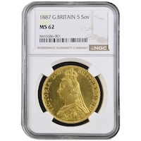 1887 Gold Quintuple Sovereign Five Pound Victoria Coin NGC Graded MS 62 Thumbnail